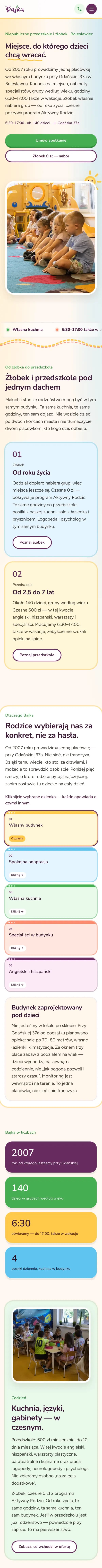 Cała strona Przedszkole Bajka — widok na telefonie