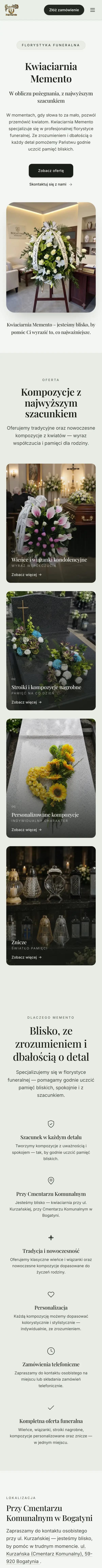 Cała strona Kwiaciarnia Memento — widok na telefonie