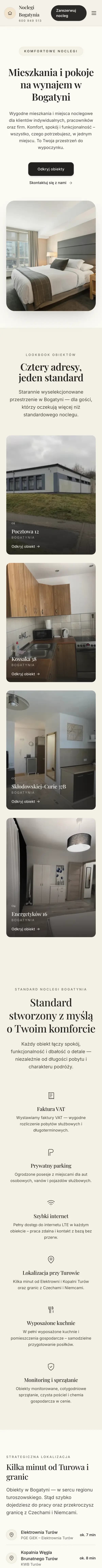 Cała strona Noclegi Bogatynia — widok na telefonie