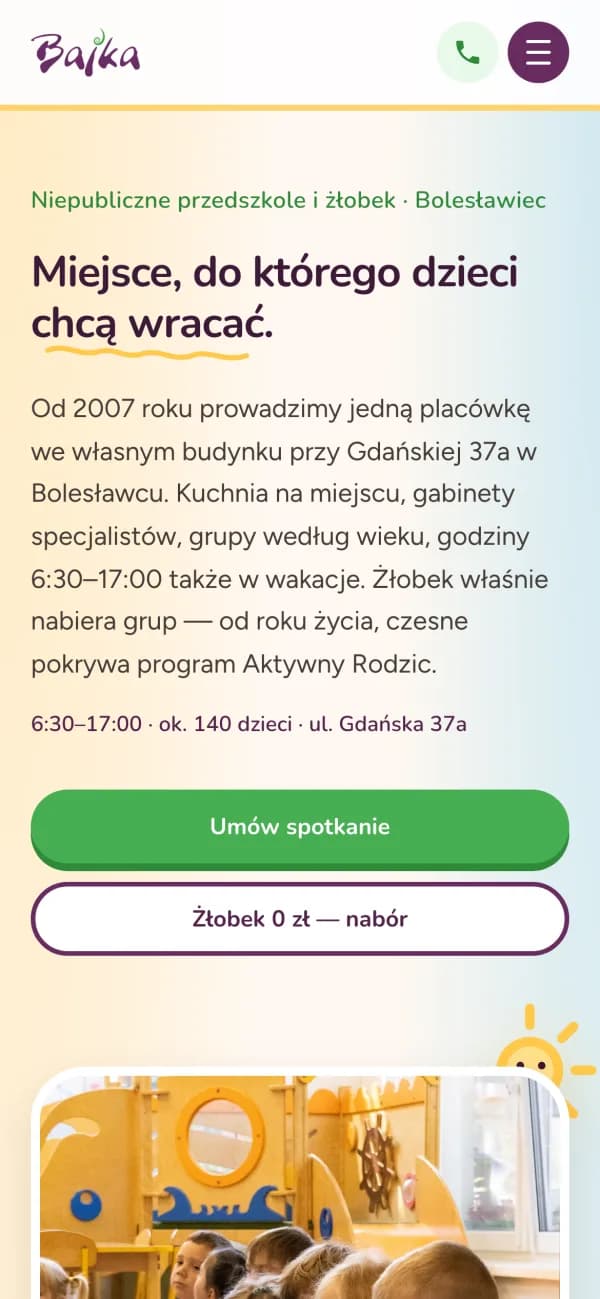 Strona Przedszkole Bajka — widok na telefonie
