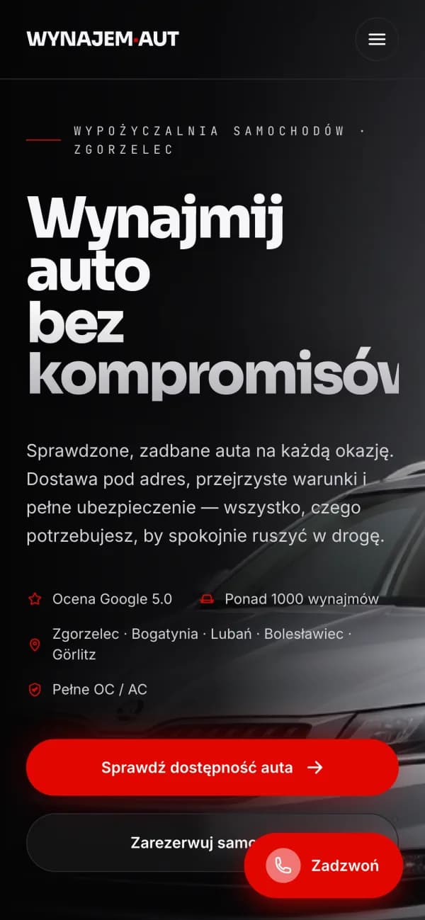 Strona Wynajem Aut Zgorzelec — widok na telefonie